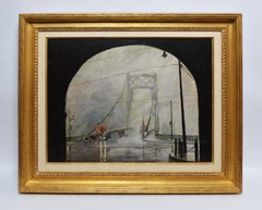 Antique American George Washington Bridge Foggy New York Cityscape WPA Painting