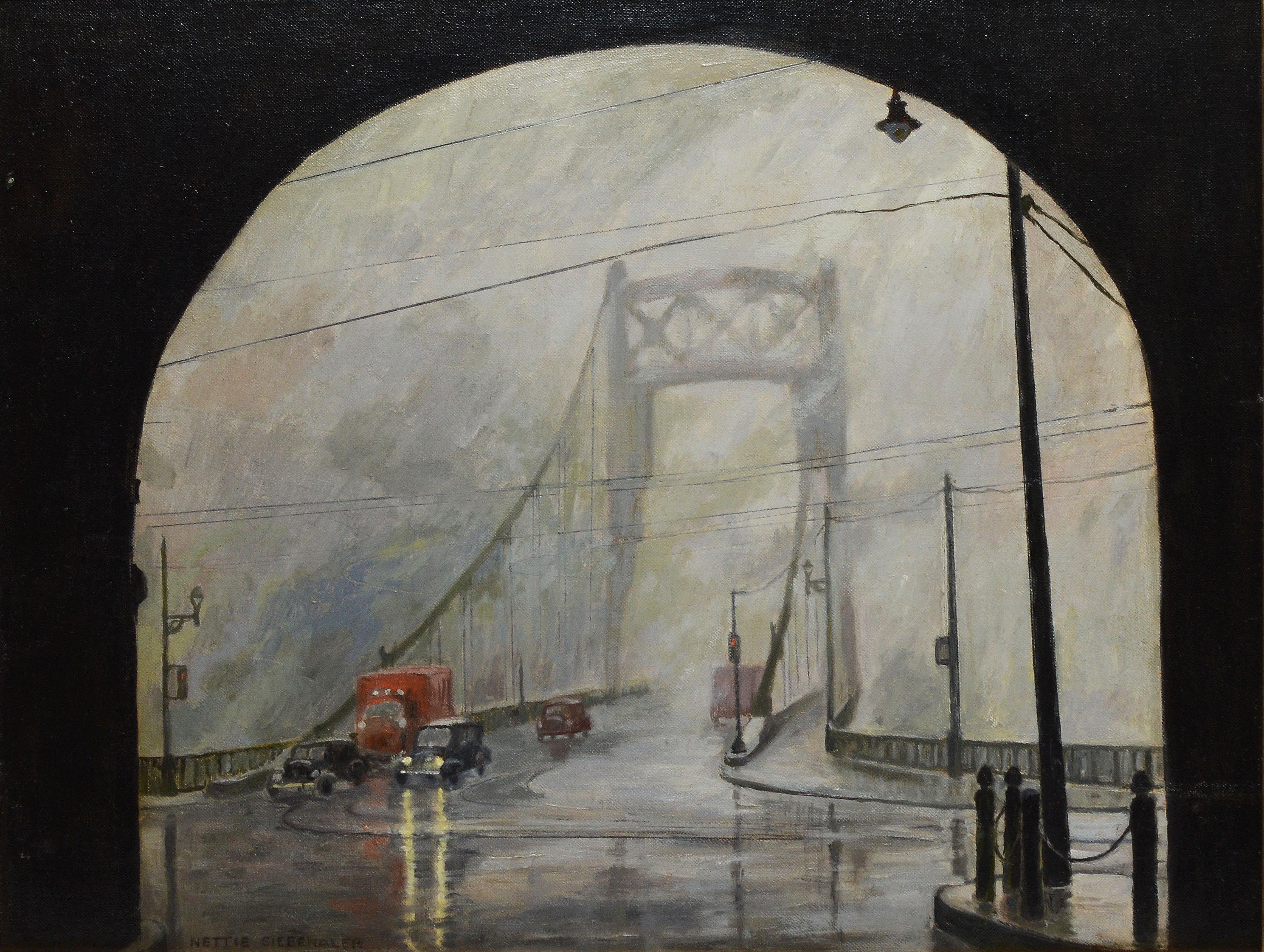 Antique American school impressionist painting of the George Washington Bridge in fog.  Oil on board, circa 1940.  Signed.  Displayed in a giltwood impressionist frame.  Image size, 20