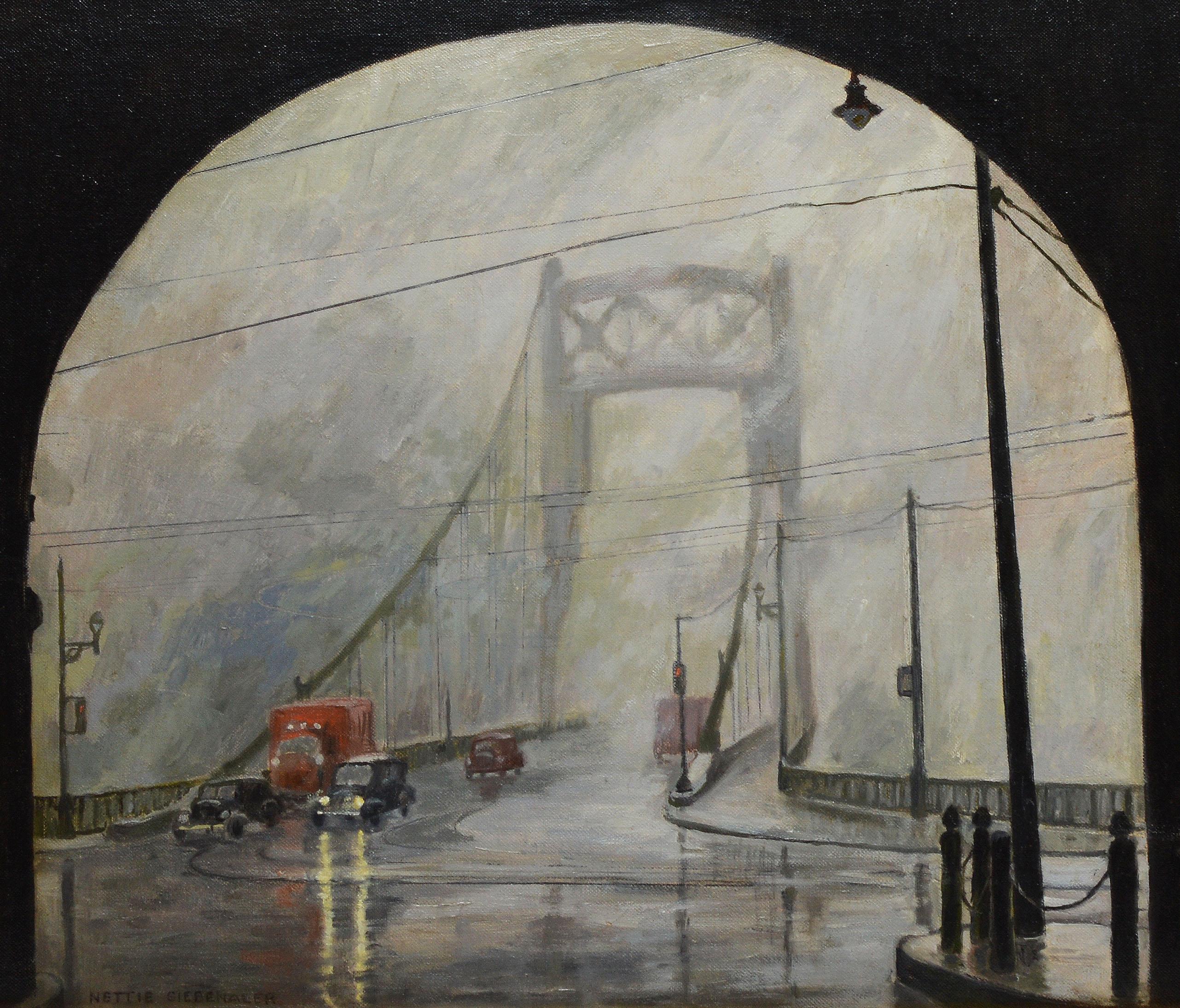 Antique American George Washington Bridge Foggy New York Cityscape WPA Painting 1