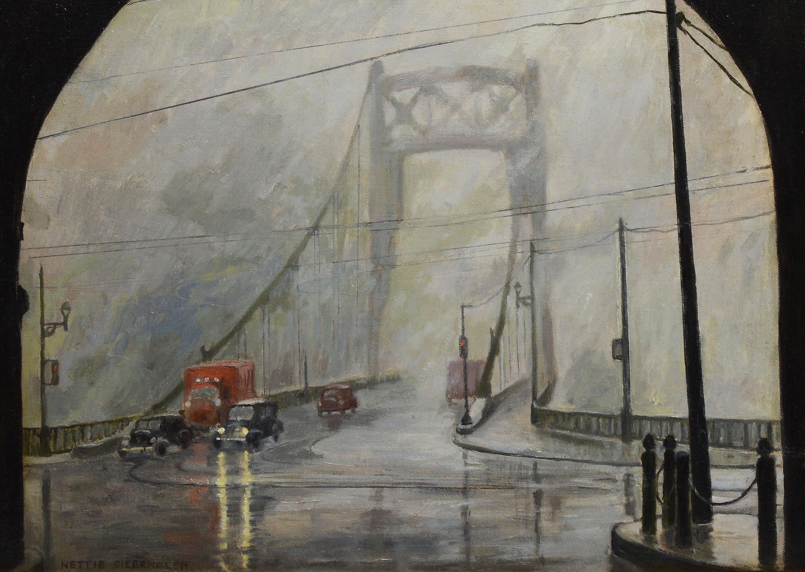 Antique American George Washington Bridge Foggy New York Cityscape WPA Painting 2