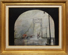 Antique American George Washington Bridge Foggy New York Cityscape WPA Painting