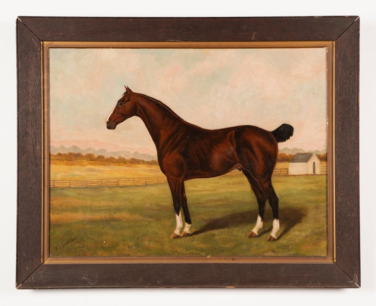 Antique American realist portrait of a horse in a landscape. Oil on board, circa 1904. Signed