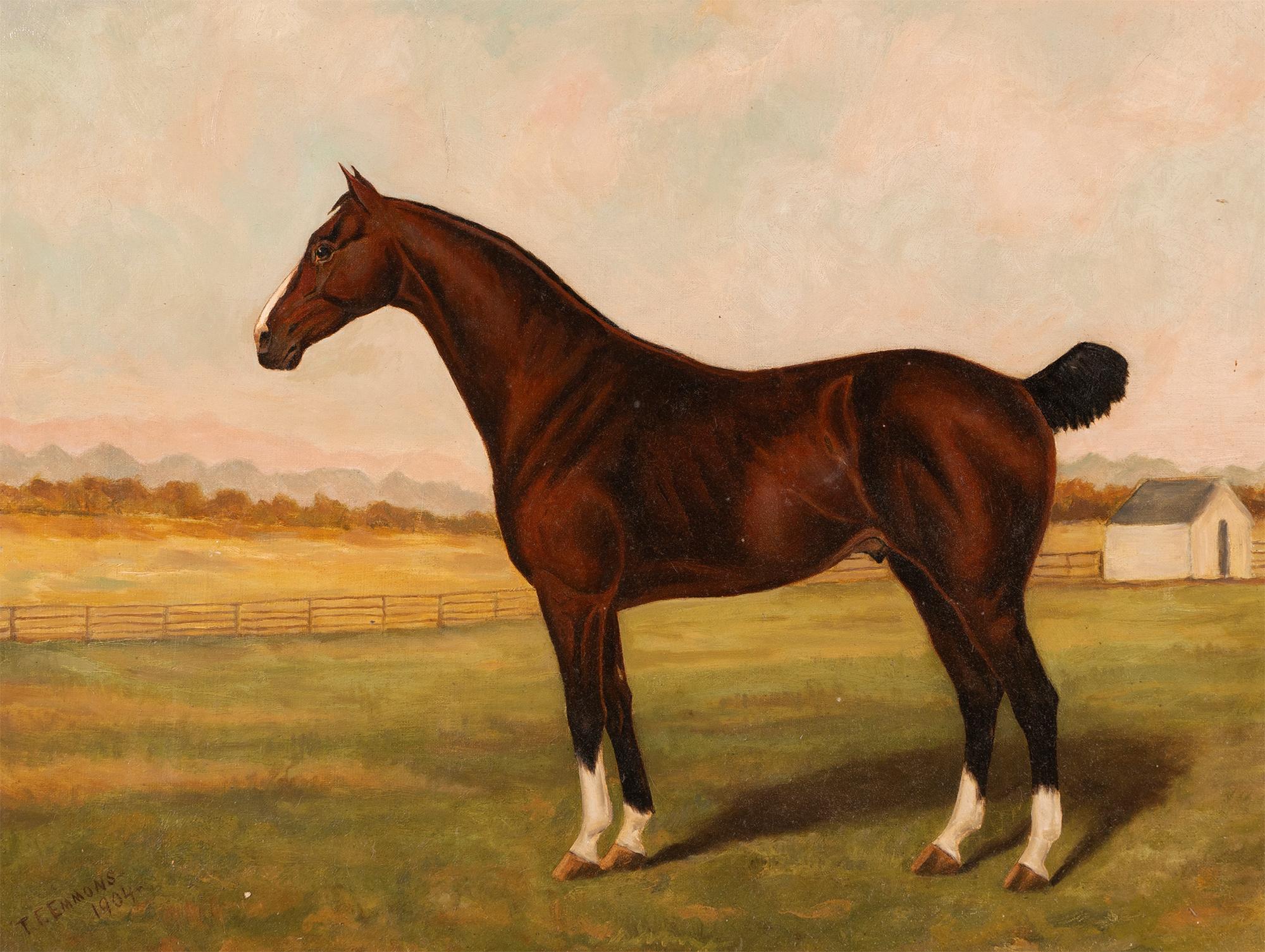 Antique American Horse Portrait Signed 19th Century Farm Landscape Oil Painting - Brown Landscape Painting by Unknown