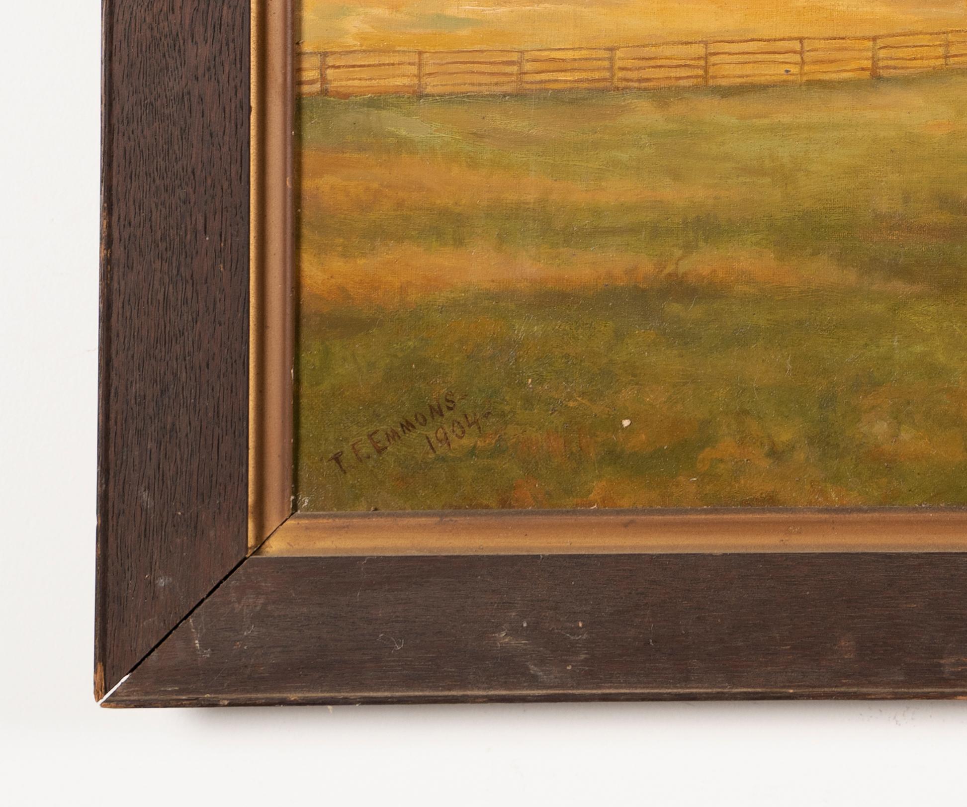 Antique American realist portrait of a horse in a landscape. Oil on board, circa 1904. Signed