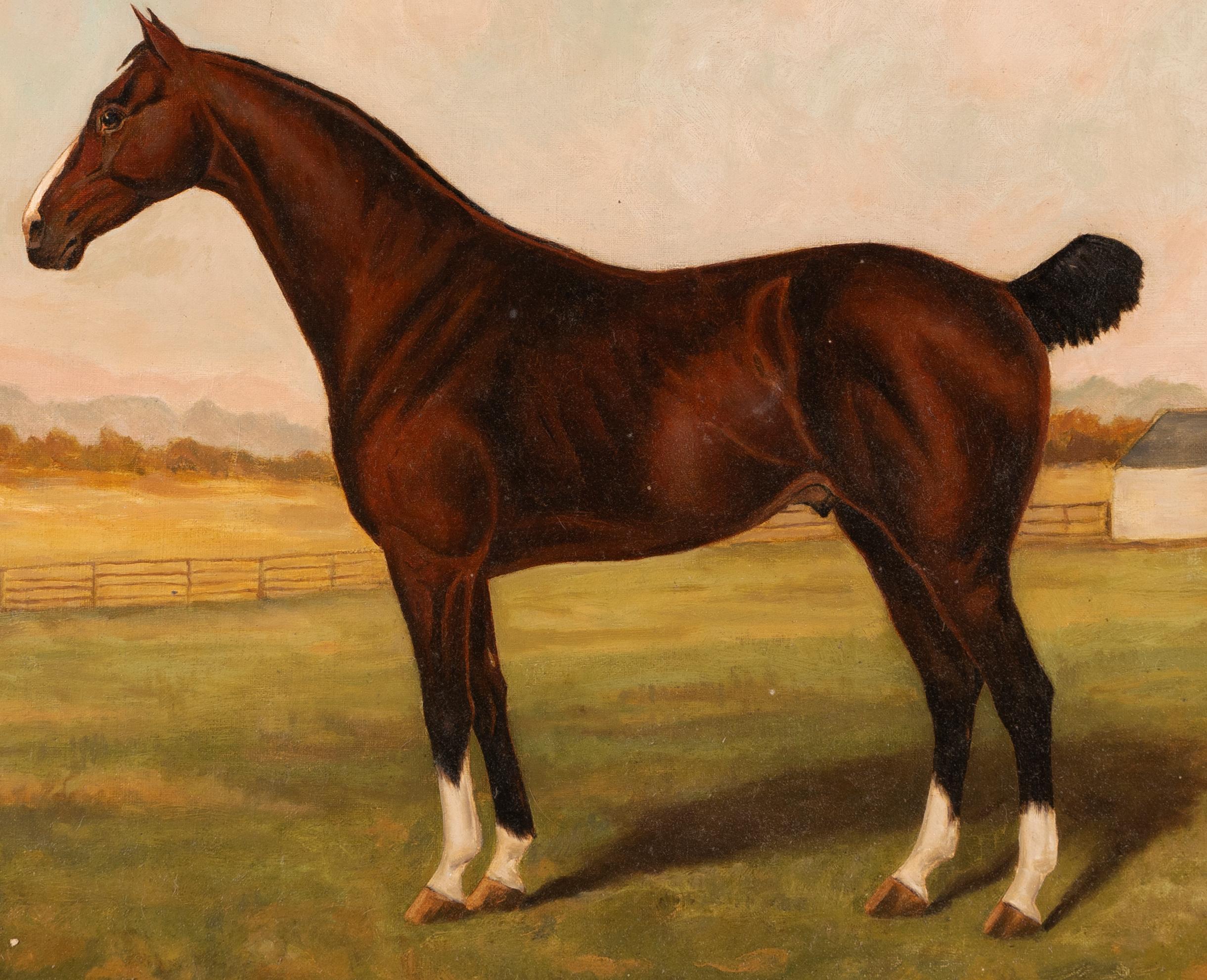 Antique American Horse Portrait Signed 19th Century Farm Landscape Oil Painting 1