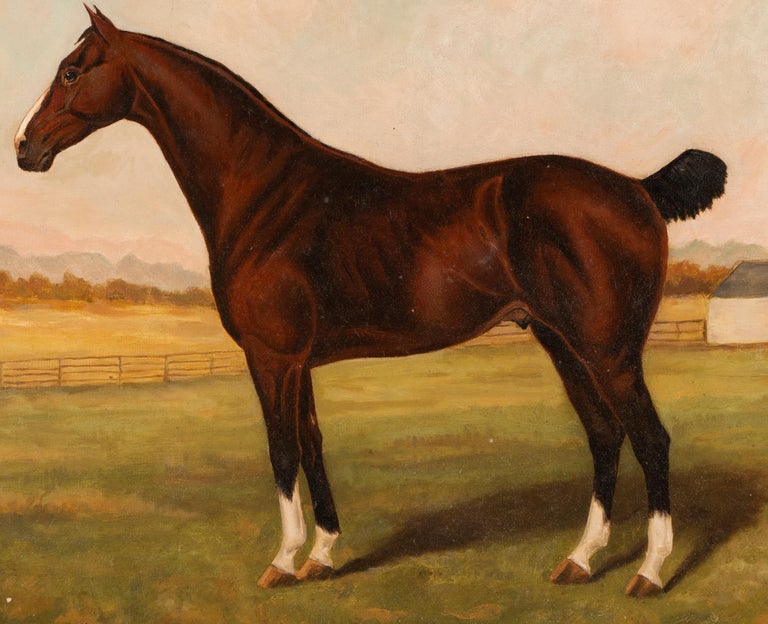 Antique American Horse Portrait Signed 19th Century Farm Landscape Oil Painting 3