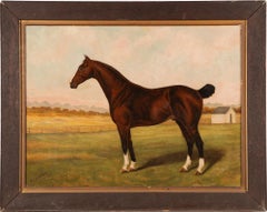 Antique American Horse Portrait Signed 19th Century Farm Landscape Oil Painting