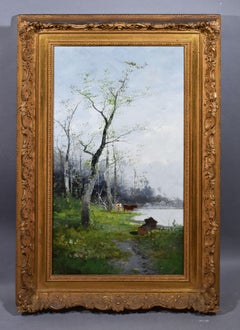 Antique American Hudson River School Bucolic Cow Landscape Original Oil Painting