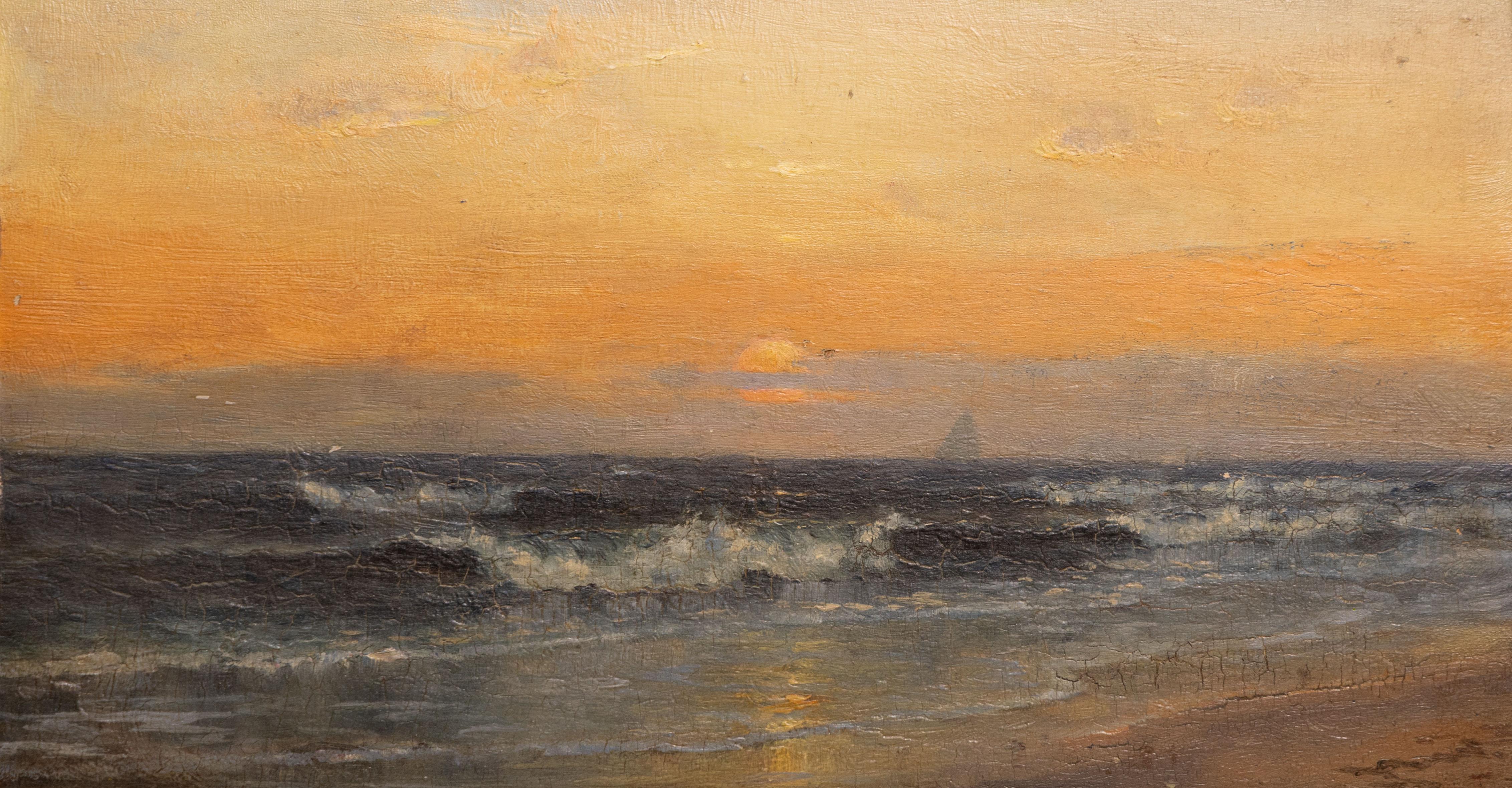 Antique American Hudson River School Coastal Sunset Seascape Framed Oil Painting (Braun), Landscape Painting, von Unknown