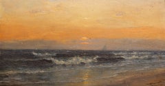 Antique American Hudson River School Coastal Sunset Seascape Framed Oil Painting