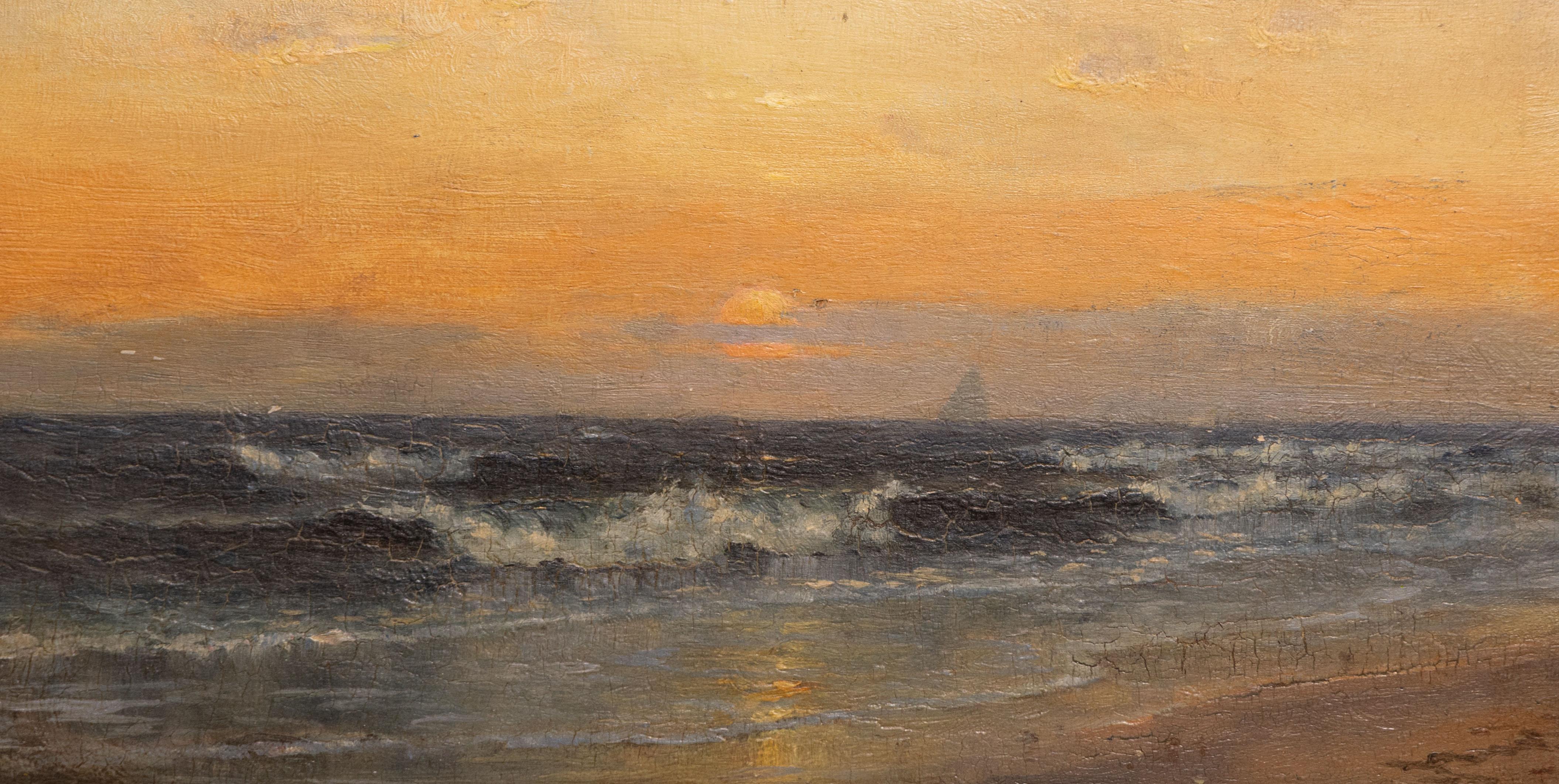 Antique American sunset seascape beach scene oil painting. Oil on board. Framed.  Signed. Measuring: 15 by 21 inches overall, and 9 by 15 painting alone..  In excellent original condition. Handsomely framed in a giltwood molding.  Excellent