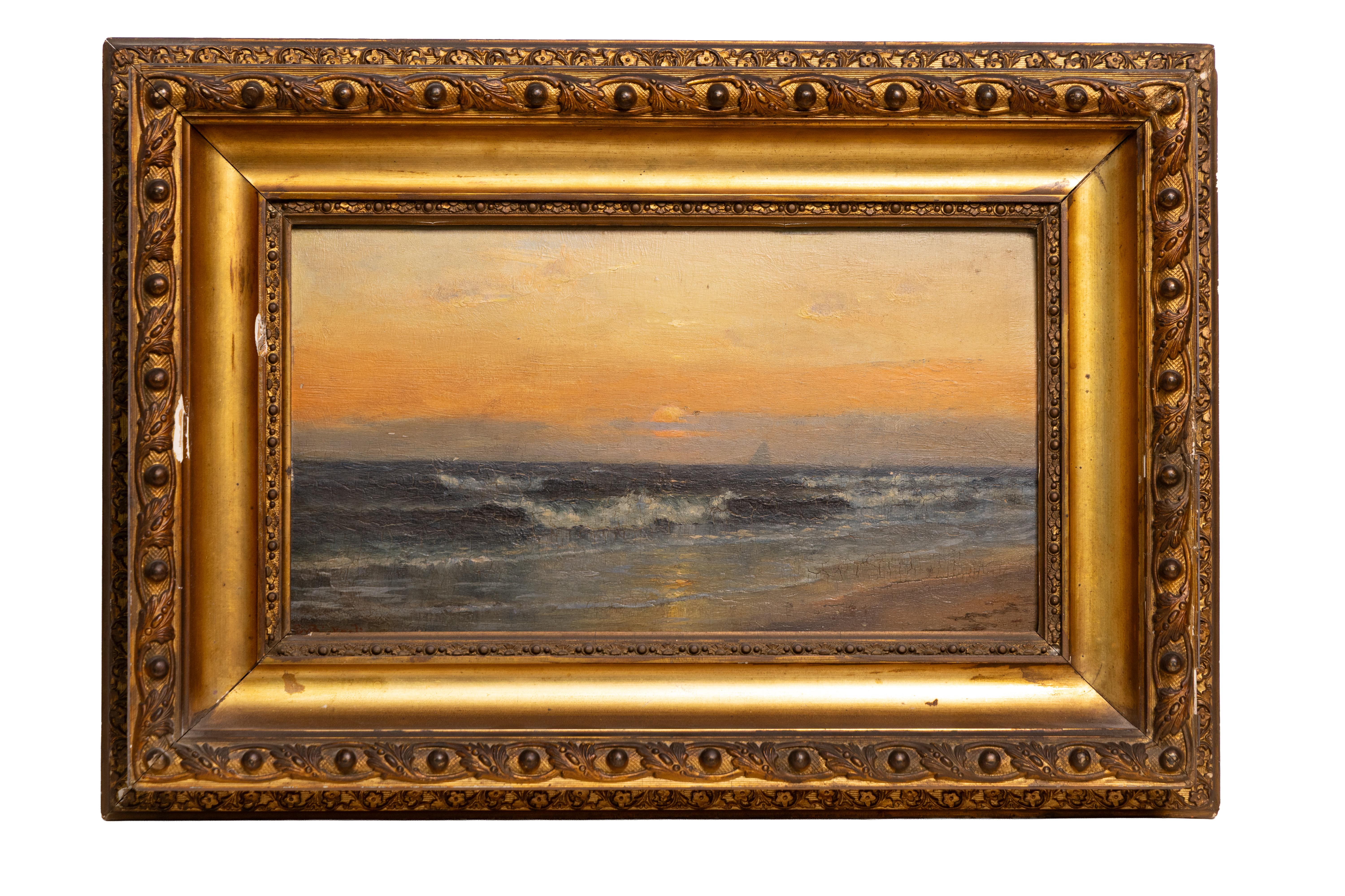 Antique American Hudson River School Coastal Sunset Seascape Framed Oil Painting