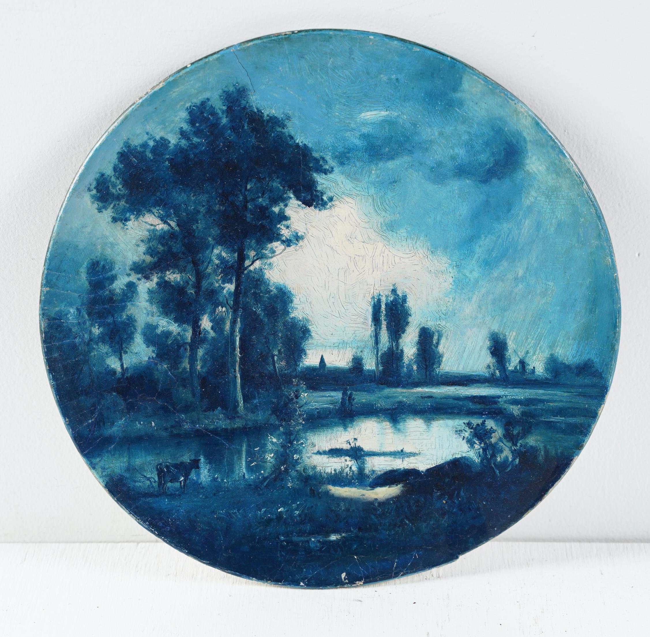 Unsigned mystery 19th century American landscape painting. Oil on concave oval board. Measuring  10 x 10. 