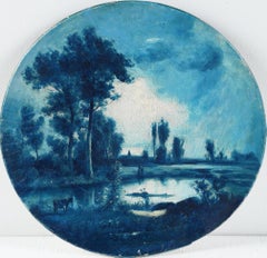 Antique American Hudson River School Cool Blue Palette 19th Century Oil Painting
