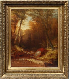 Antique American Hudson River School Fall Forest Interior Original Oil Painting
