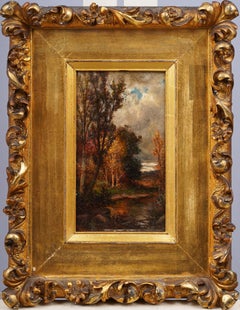 Antique American Hudson River School Fall Giltwood Framed Landscape Oil Painting