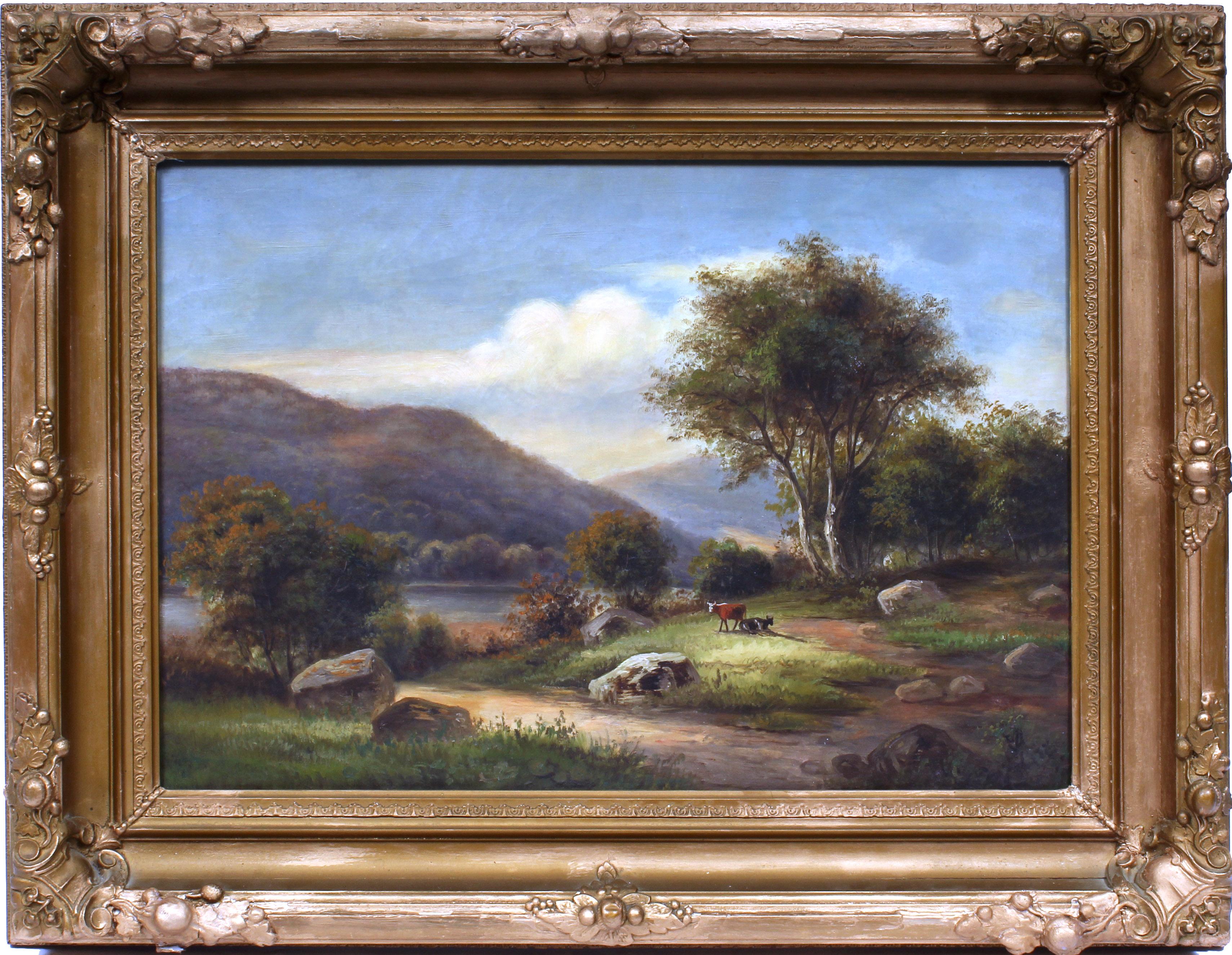 Antique American Hudson River School Landscape Cows Oil Painting Gilt Frame 19th - Marron Landscape Painting par Unknown