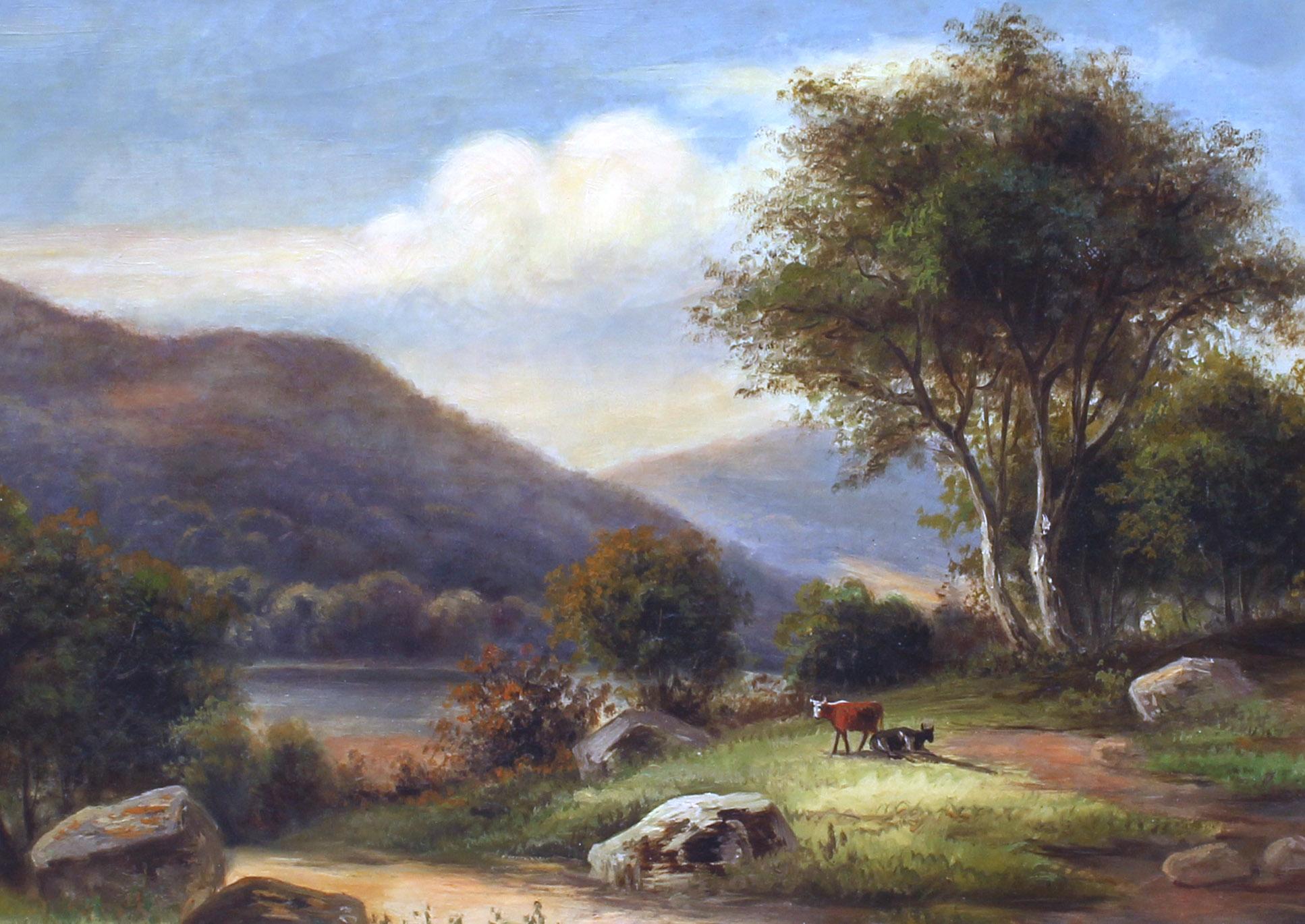 Antique Quintessence du paysage américain de l'école de l'Hudson River par un artiste inconnu de l'école de l'Hudson River.

Ce tableau présente son cadre doré d'origine et une charmante scène de vaches au bord de la rivière.

La géographie est la