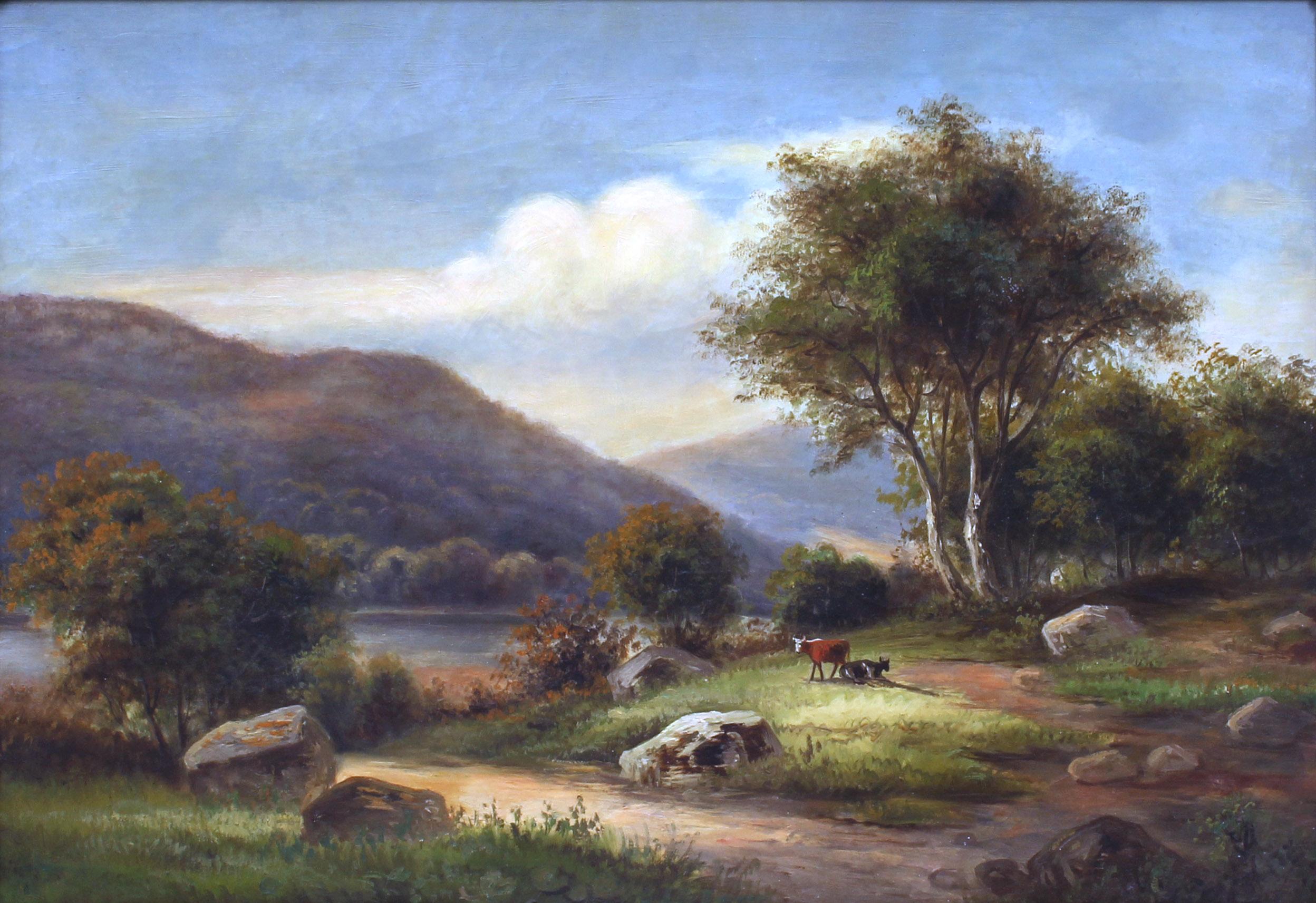 Antique American Hudson River School Landscape Cows Oil Painting Gilt Frame 19th en vente 1