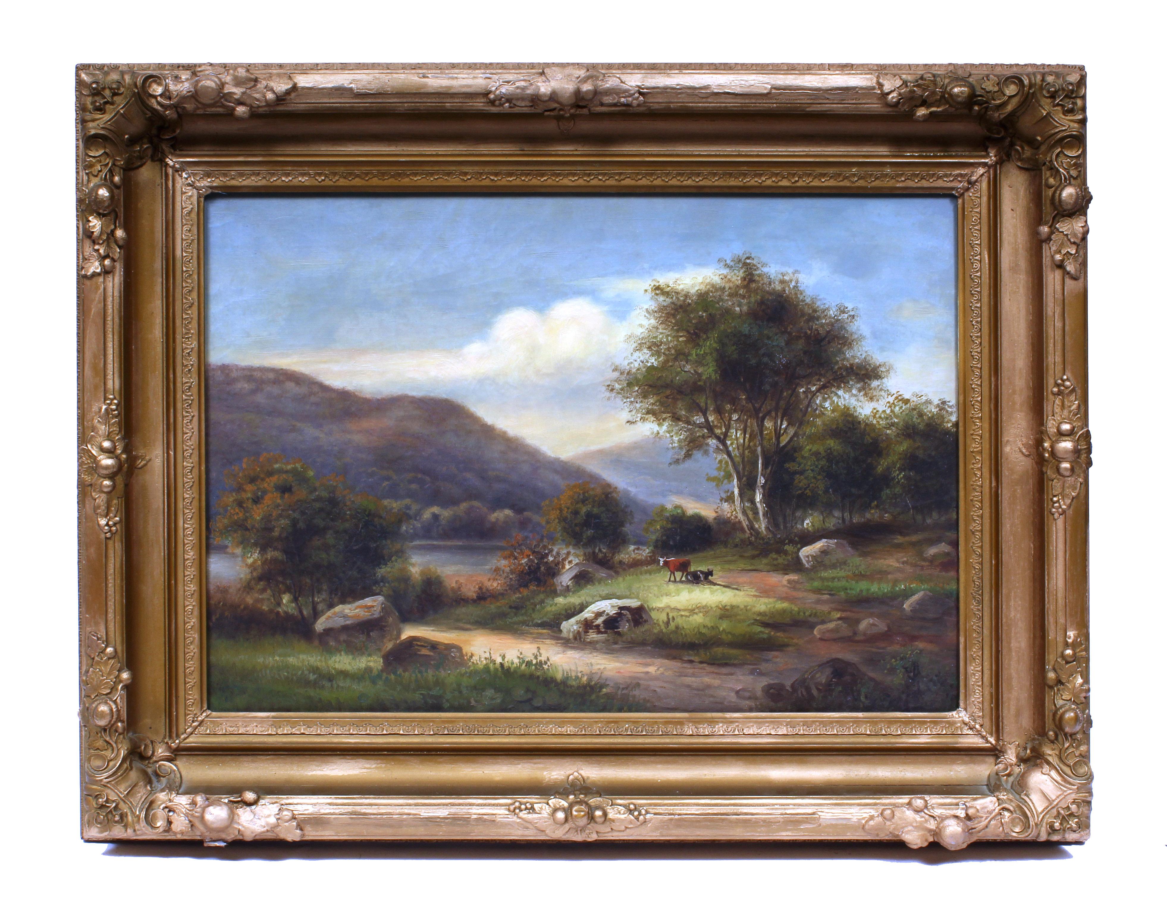 Antique American Hudson River School Landscape Cows Oil Painting Gilt Frame 19th en vente 2