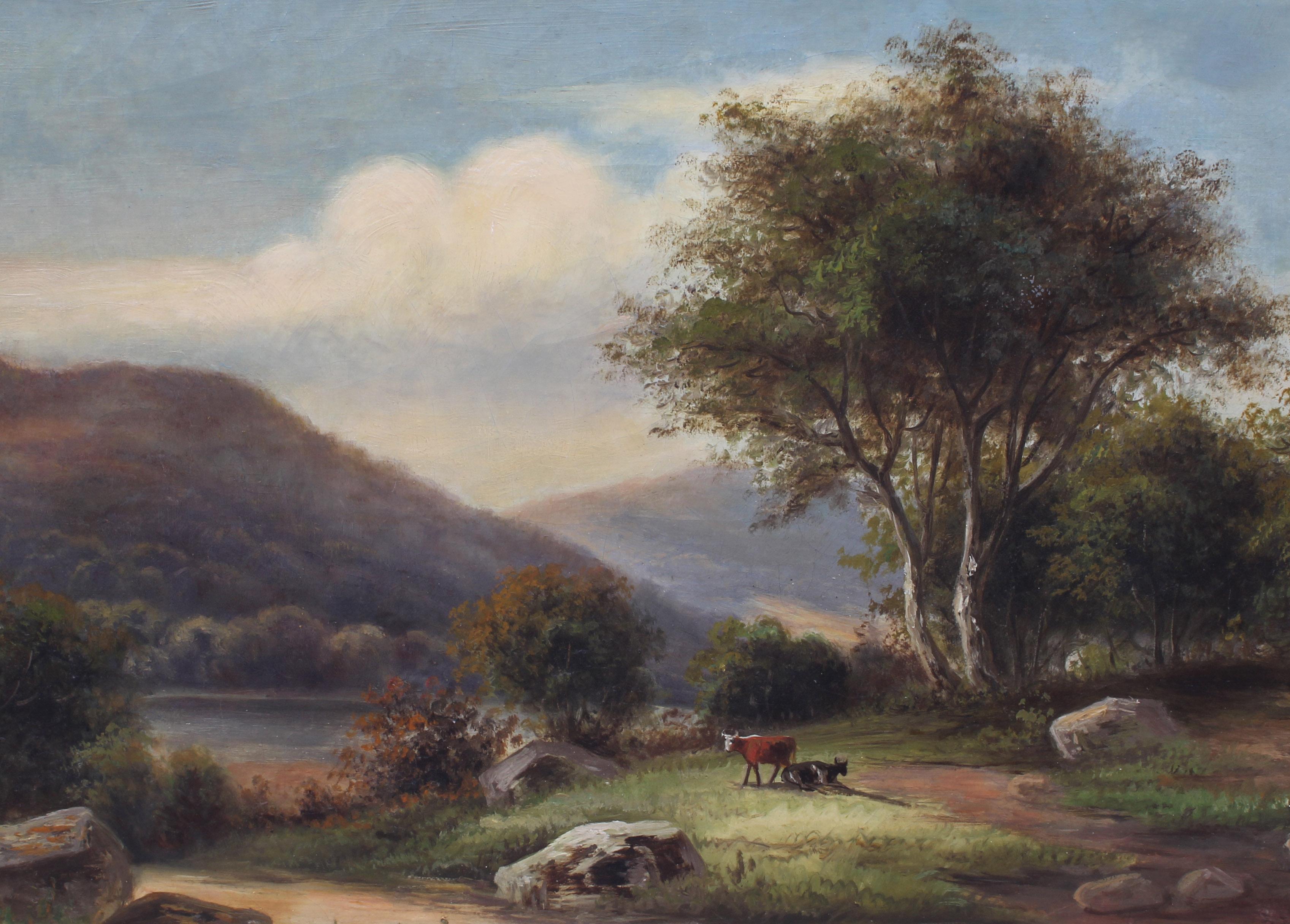 Antique American Hudson River School Landscape Cows Oil Painting Gilt Frame 19th en vente 3