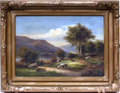 Antiguo paisaje americano de la escuela del río Hudson Vacas Pintura al óleo Marco dorado XIX