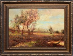 Antique American Hudson River School Landscape Sunset Cows Tonalist Oil Painting