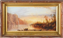 Antique American Hudson River School Luminous Sunset Western Oil Painting