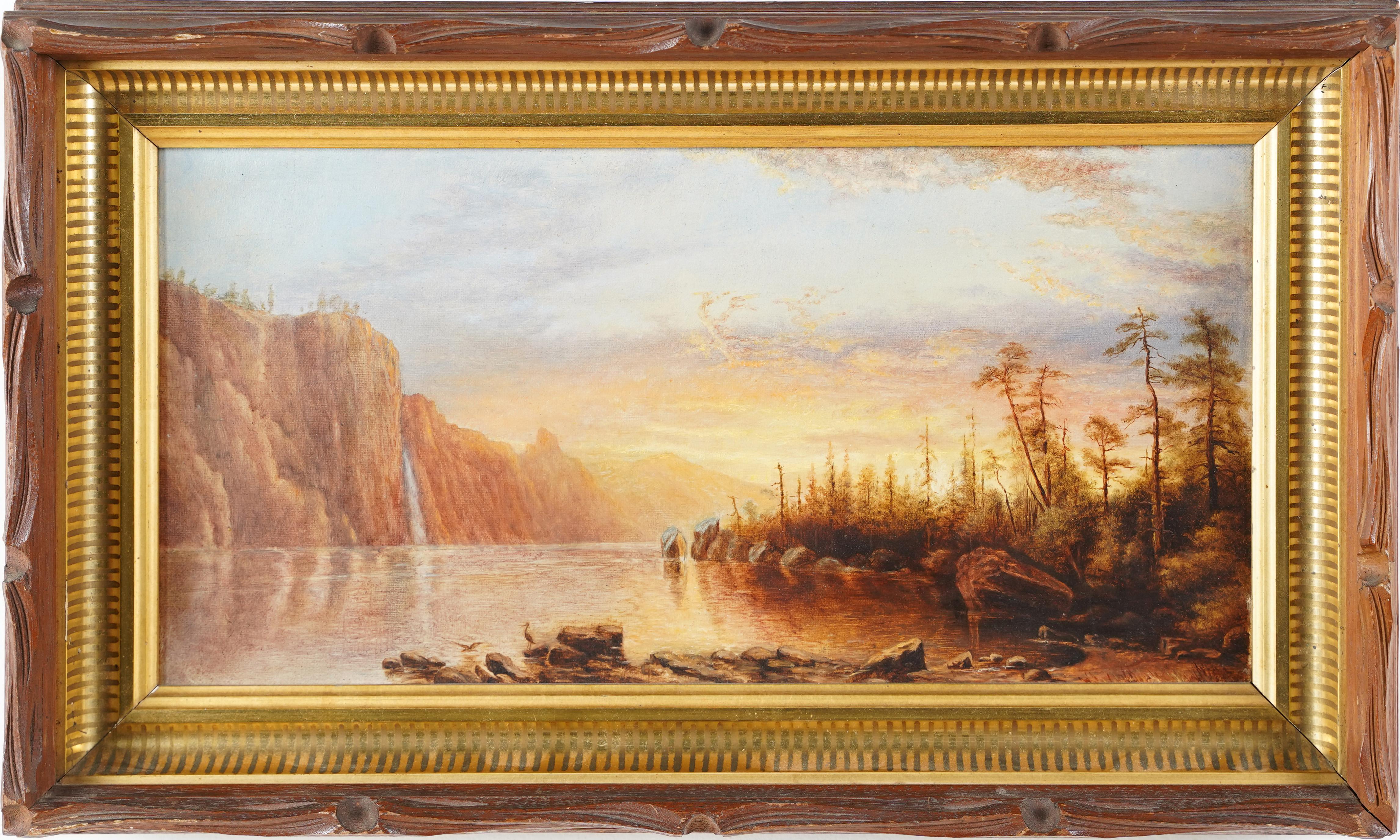  Antique American Hudson River School Luminous Sunset Western Oil Painting
