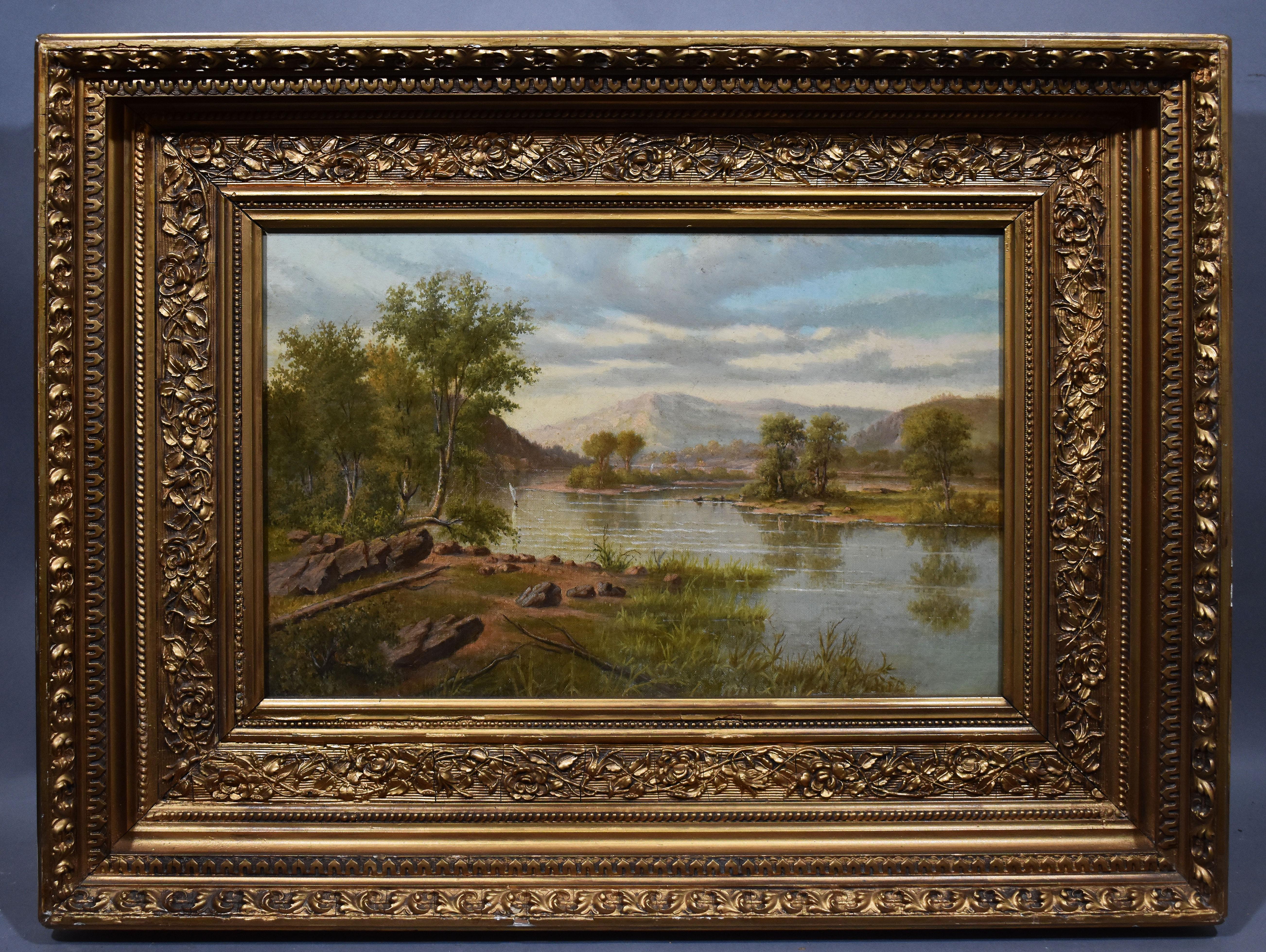 Unknown Landscape Painting - Antique American Hudson River School Mountain Valley 1880 Landscape Oil Painting