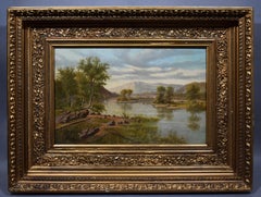 Antique American Hudson River School Mountain Valley 1880 Landscape Oil Painting