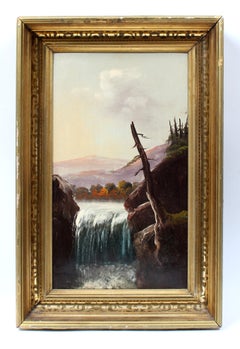 Antique American Hudson River School Oil Painting Waterfall Original Frame 19th