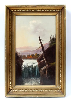 Antique American Hudson River School Oil Painting Waterfall Original Frame 19th 