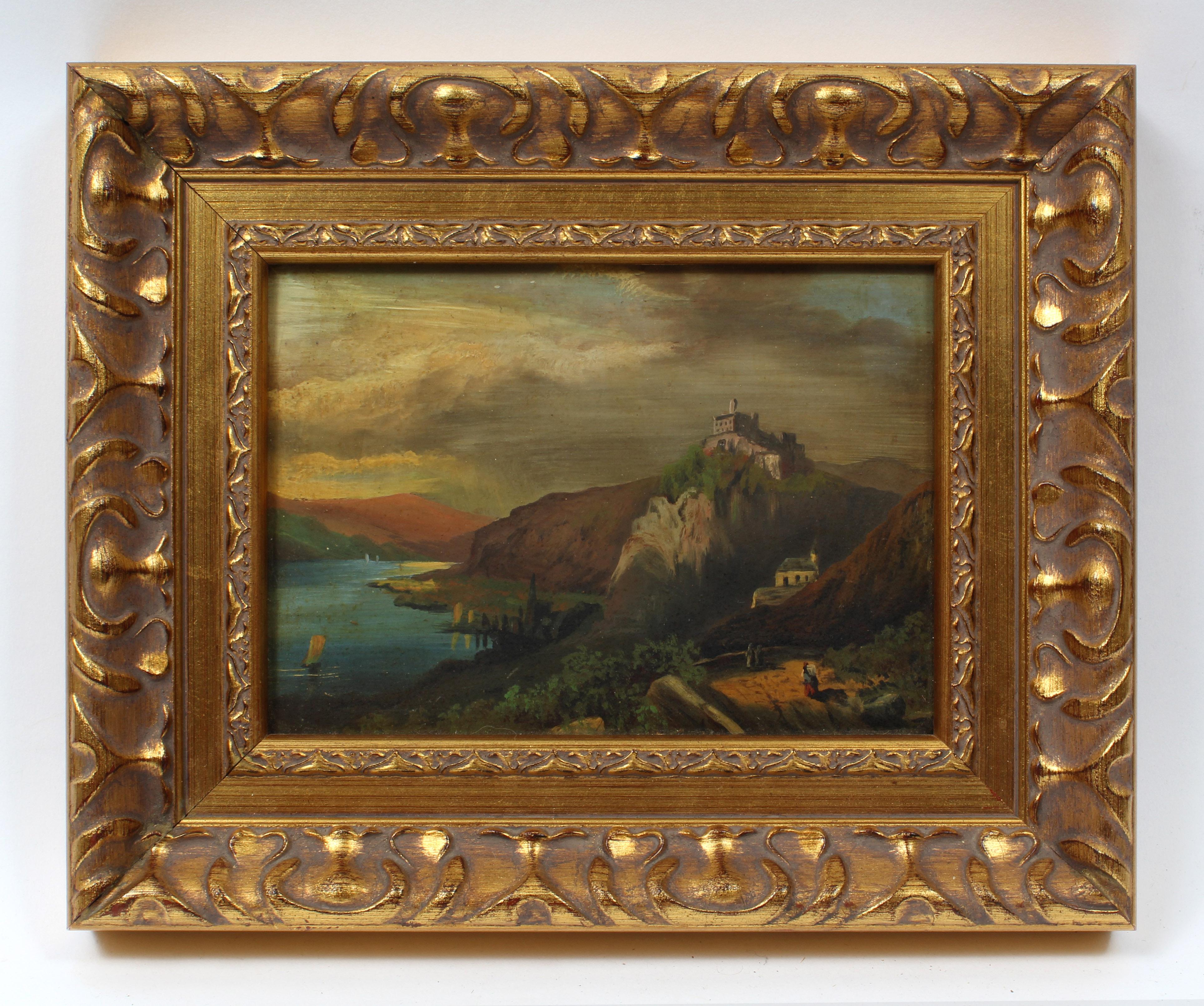 Unknown Landscape Painting - Antique American Hudson River School Painting Castle Figures Framed 19th Century