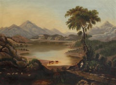 Antique American Hudson River School Painting Cows People Charming Rare Framed