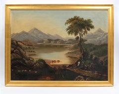 Antique American Hudson River School Painting Cows People Charming Rare Framed