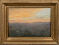 Antikes gerahmtes Gemälde, amerikanische Hudson River School, Panoramik, Sonnenuntergang, Landschaft