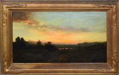 Antique American Hudson River School Panoramic Sunset Landscape Signed Painting