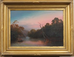 Antique American Hudson River School Southern Sunset Nicely Framed Oil Painting