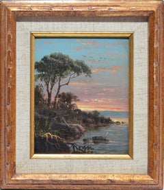 Antique American Hudson River School Sunset Landscape by Gabriel Harrison 1874