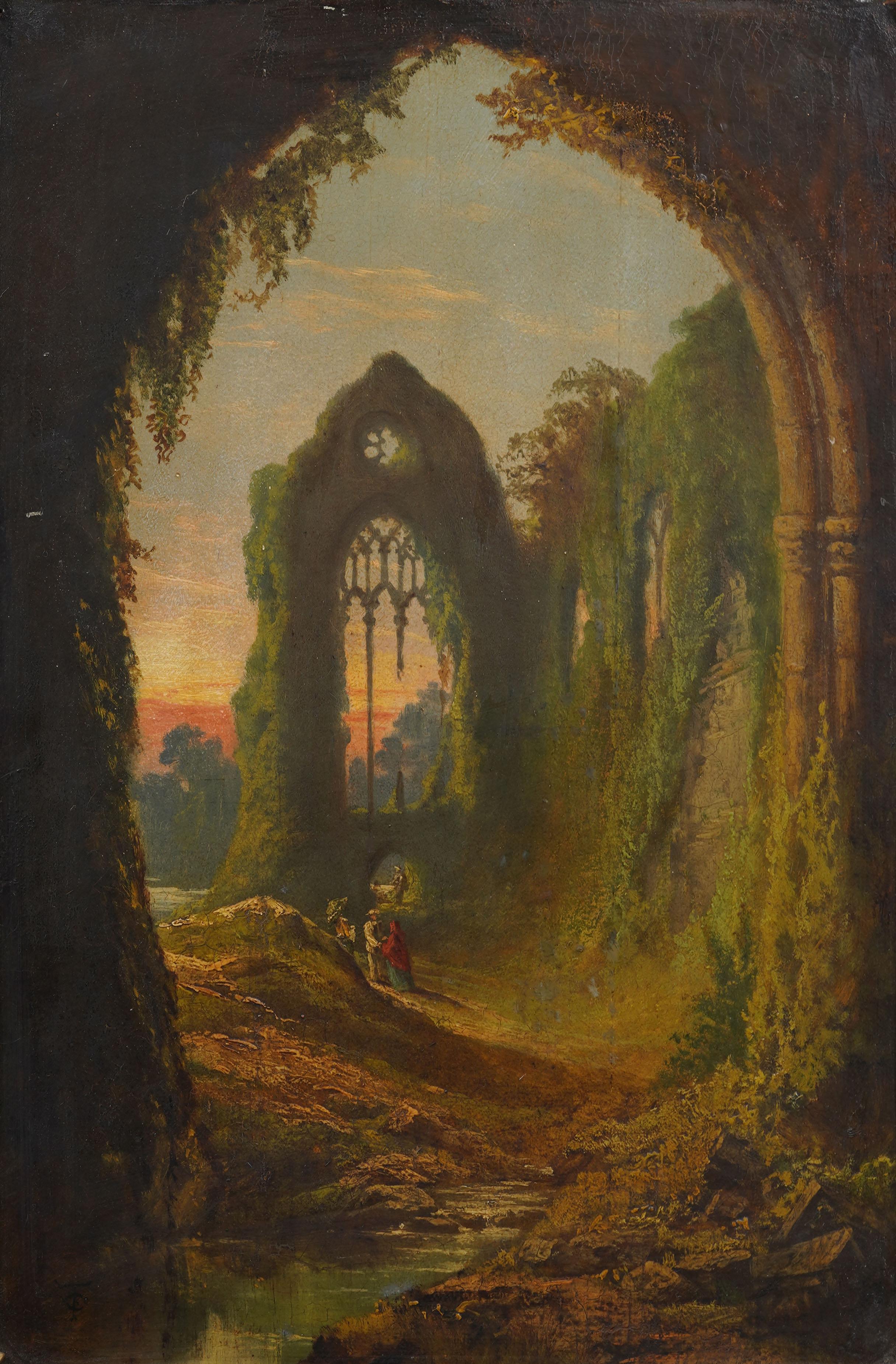 Antike amerikanische Hudson River School Sonnenuntergang Landschaft Monogramme Ölgemälde (Braun), Landscape Painting, von Unknown