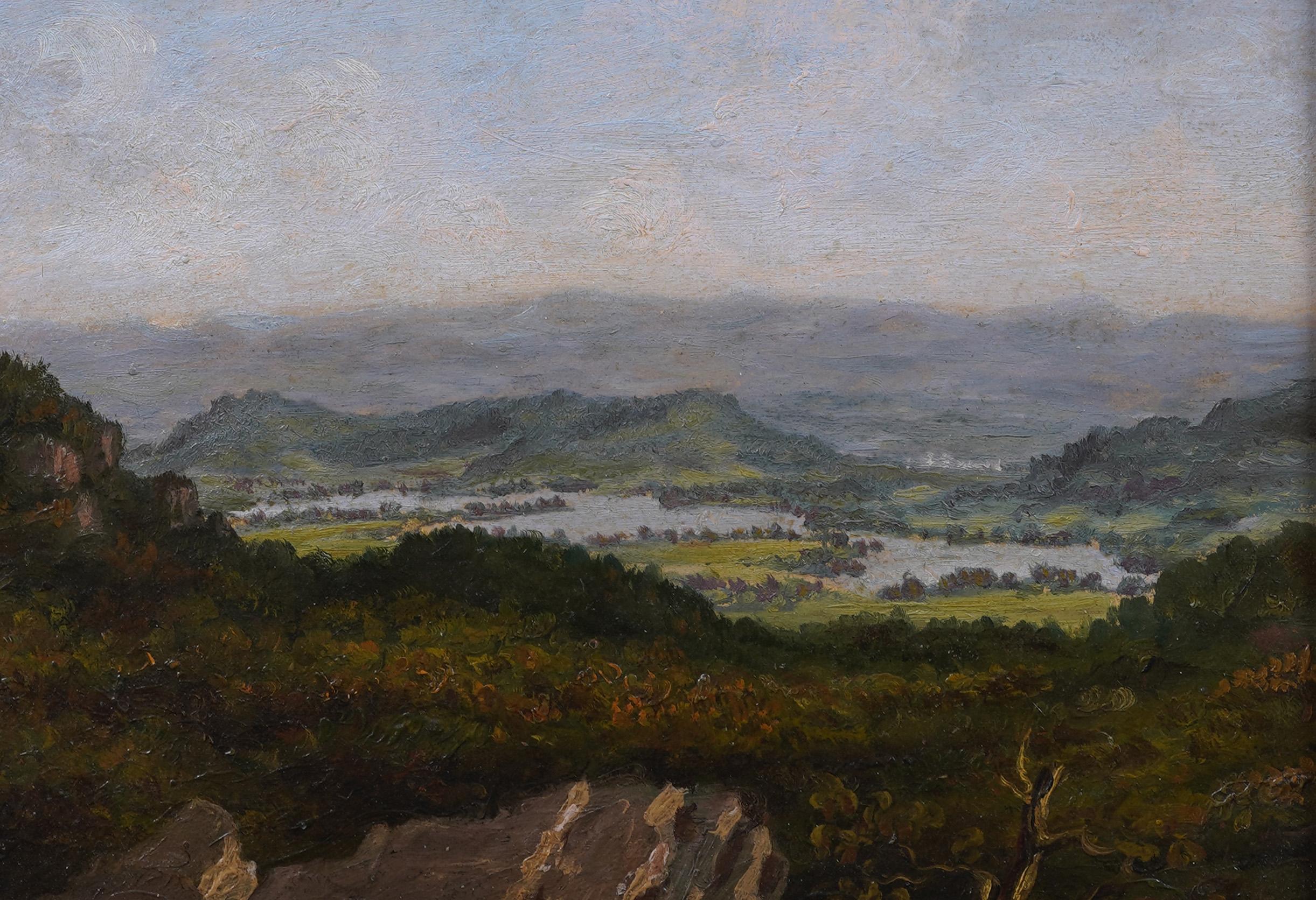 Impressionante dipinto di paesaggio della Hudson River School americana. Olio su carta.  Incorniciato.  Dimensioni dell'immagine, 7 x 9 pollici.  