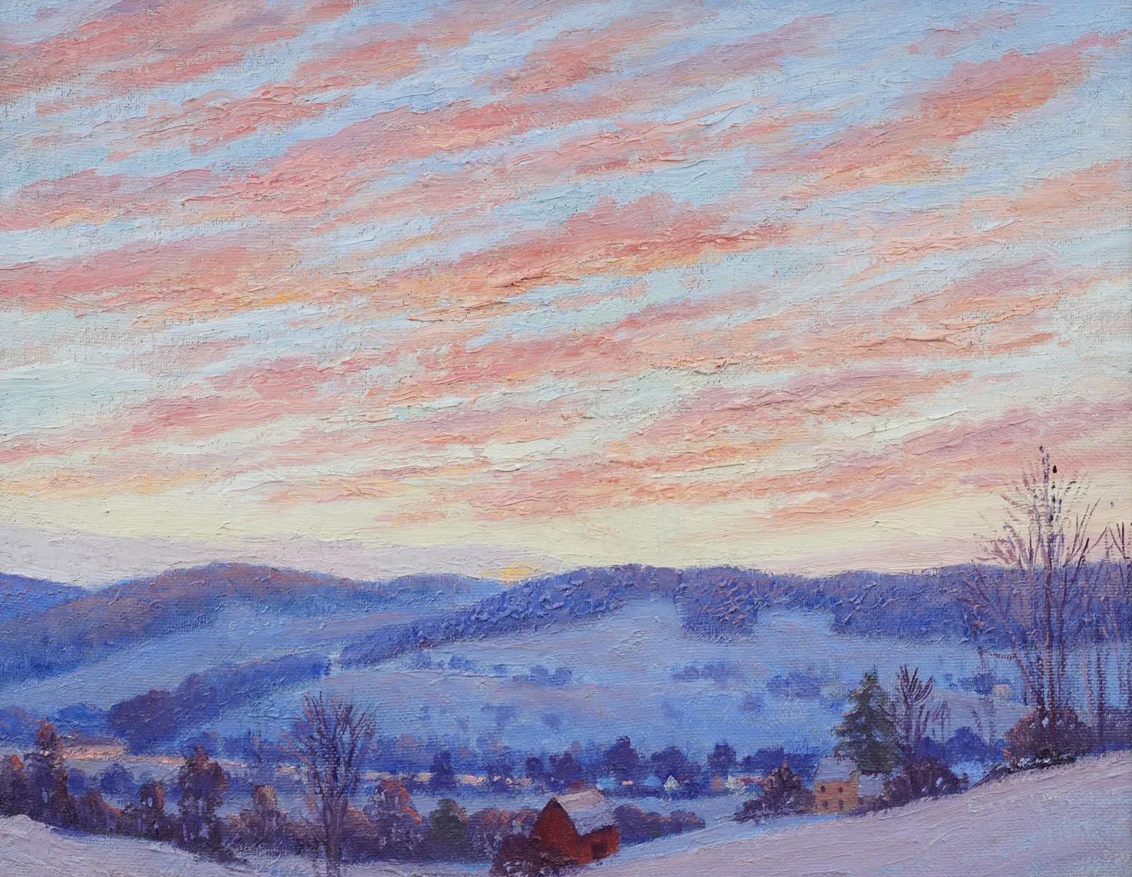 Antico dipinto ad olio impressionista americano del XIX secolo, paesaggio del tramonto invernale - Painting Impressionismo di Unknown