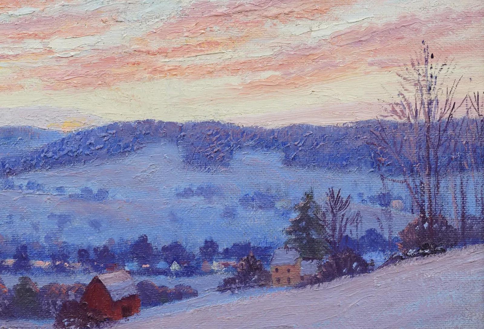 Impressionante dipinto a olio di paesaggio invernale dei primi anni dell'impressionismo americano.  Incorniciato.  Olio su tela.  Firmato sul retro.  Dimensioni dell'immagine, 19H per 24L.