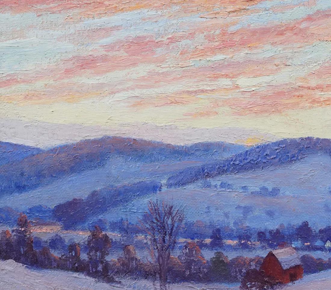 Antico dipinto ad olio impressionista americano del XIX secolo, paesaggio del tramonto invernale 1