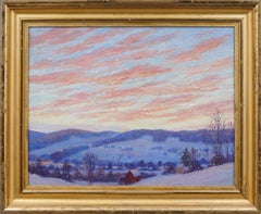 Antico dipinto ad olio impressionista americano del XIX secolo, paesaggio del tramonto invernale