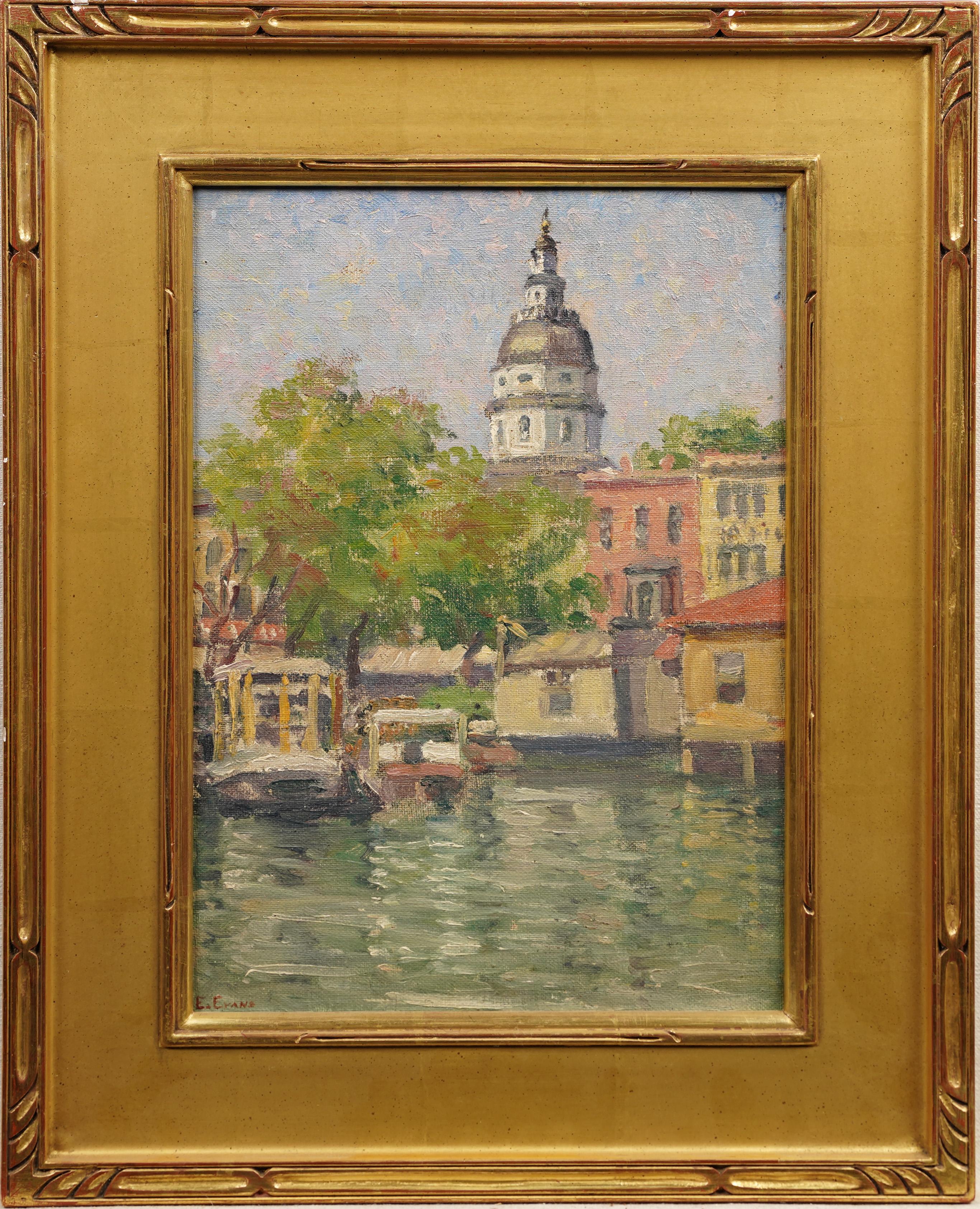 Antique American Impressionist Annapolis Maryland Framed Signed Oil Painting - Brown Landscape Painting by Unknown