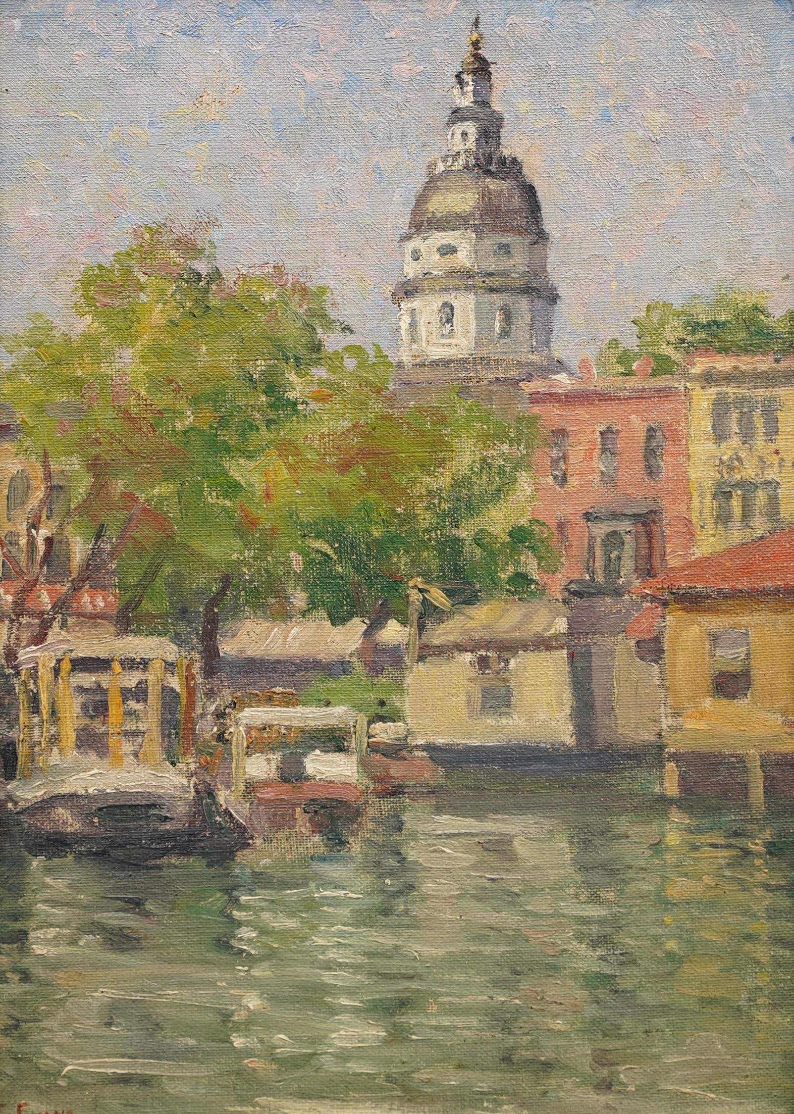 Antique American Impressionist Annapolis Maryland Framed Signed Oil Painting 1