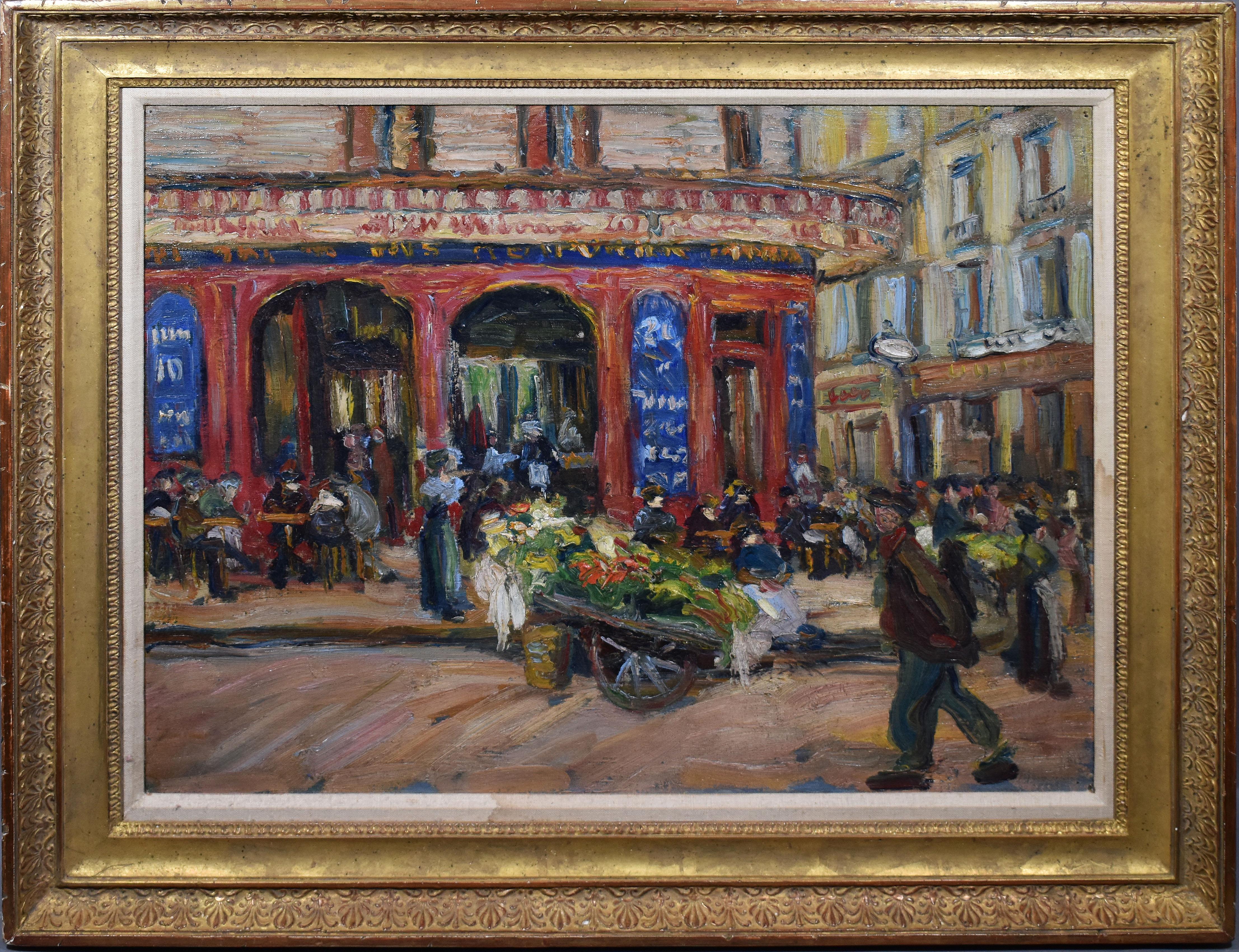 Unknown Landscape Painting - Antique American Impressionist Ashcan School Cafe Street Scene Oil Painting