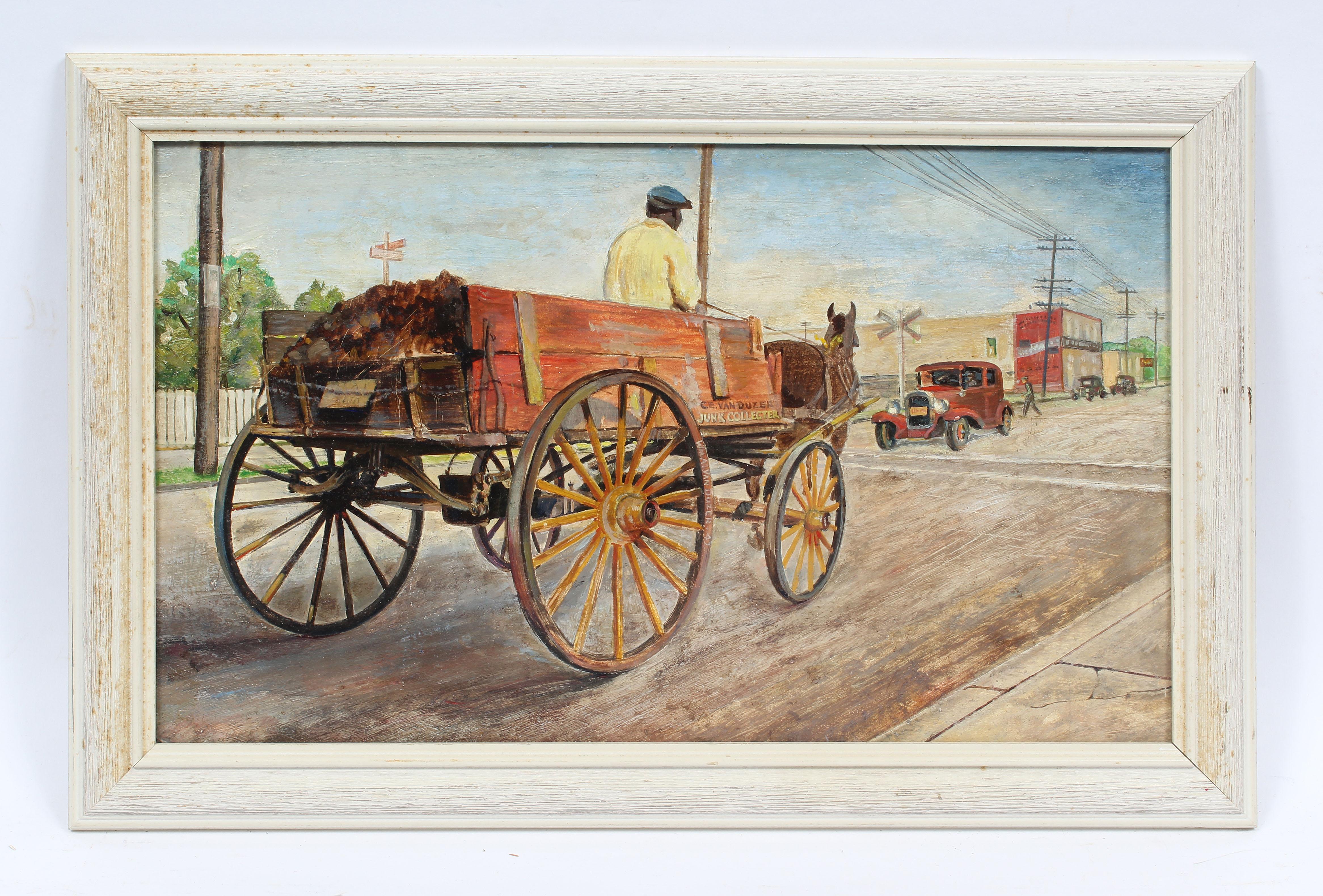 Antique American Impressionist Ashcan School Junk Collector Cityscape Painting - Beige Figurative Painting by Unknown